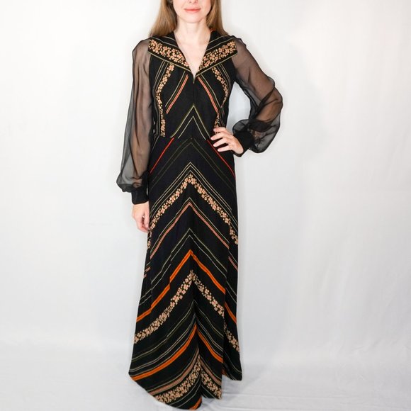 Vintage Dresses & Skirts - VINTAGE Floral & Striped Sheer Sleeve Maxi Dress